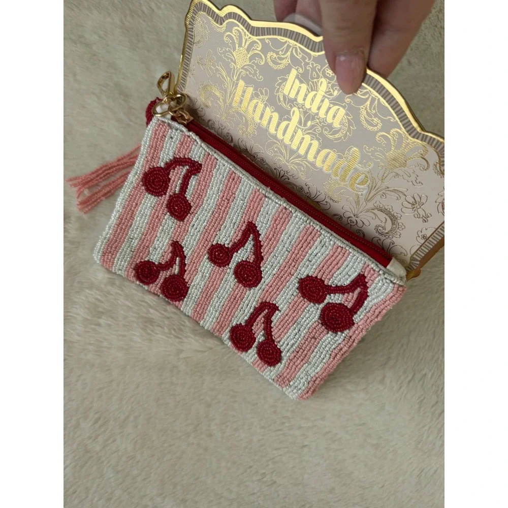 NWT Viral Cherries Stripes Beaded Pouch, Handmade India, tassel, Pink, White,Red